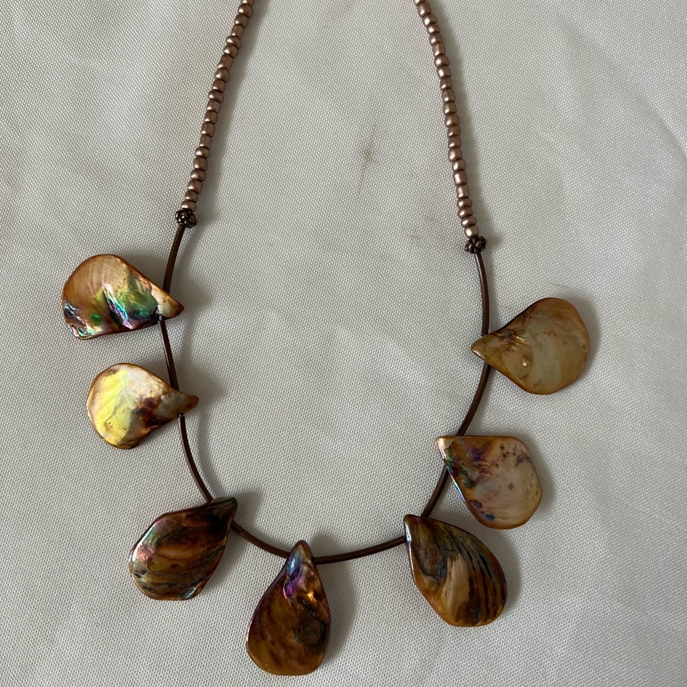 Amber Dyed Teardrop Shape Necklace With Metallic Long Round Brown Beige Beads